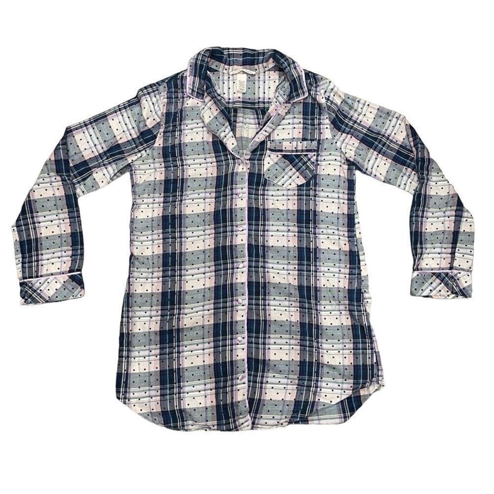Victoria’s Secret Plaid Button Up Pajama Shirt Pink Lavender Blue Black Size XS